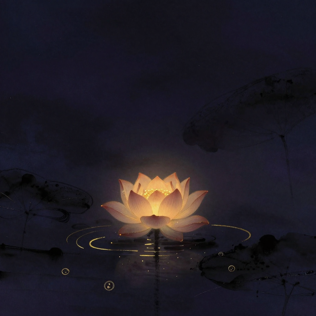 创世法则：一朵半开的莲花从幽暗水面下升起，花瓣层次分明、内层尚含苞，水面静寂无波，花是画面唯一的微光来源，四周大片空旷
