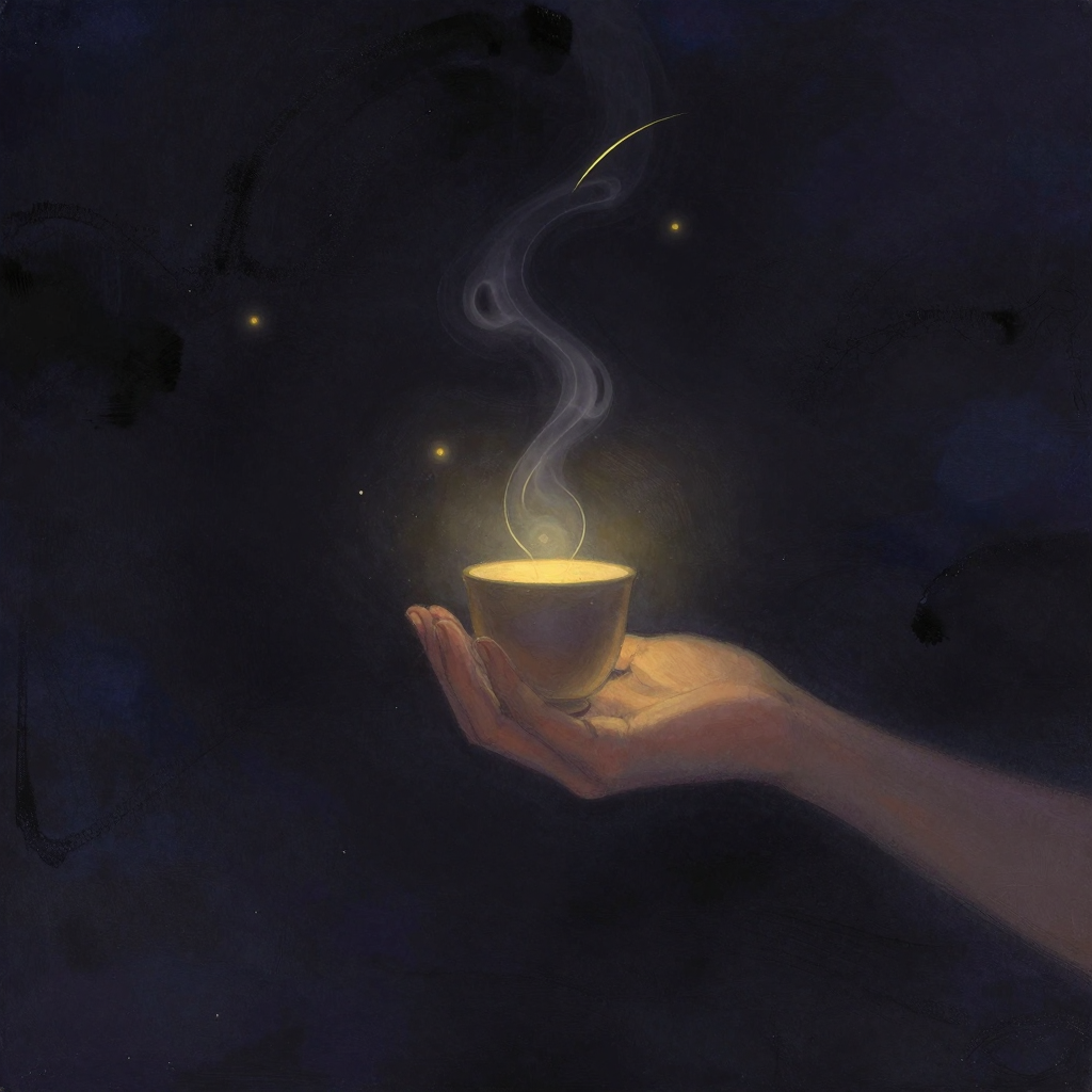 仪式化表达：一双手缓缓捧起一只朴素陶杯，杯口一缕蒸汽笔直升起、在空处渐渐散开，双手与杯是画面唯一焦点，大片留白环绕，杯身无纹、蒸汽路