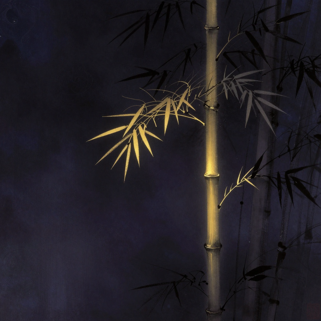 尊严：一株竹独立于空旷之中，竹节分明，主干中空笔直，不见枝叶繁茂，仅留清晰轮廓于大片空处，竹身某处节间透出一缕微光