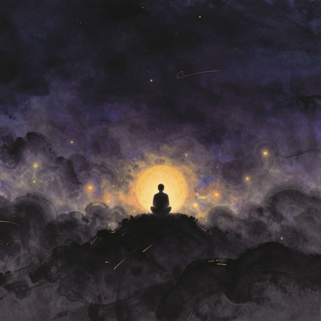 观察者视角：一个人影端坐于山巅云端，背对观者，向下俯瞰——下方是翻涌的抽象云雾与光晕，如墨潮与雾霭交织，而人影静默如磐，与下方扰动之
