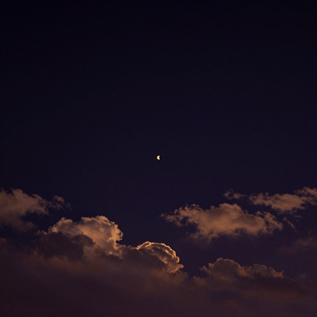 自我即背景：一片纯净无云的天空占据画面上方大半区域，下方边缘几朵形态各异的云彩轻柔飘过，云彩与天空之间界限清晰，互不沾染，大片留白让