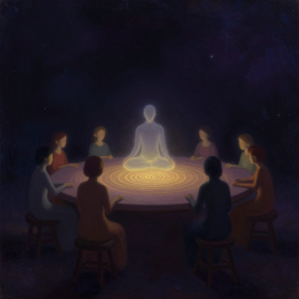 内在领导力：一张古朴圆桌居于空旷之中，中央一个透明隐约的人形轮廓端坐，周围环绕着数个颜色各异、表情不同的袖珍小人，它们朝向中央，圆桌