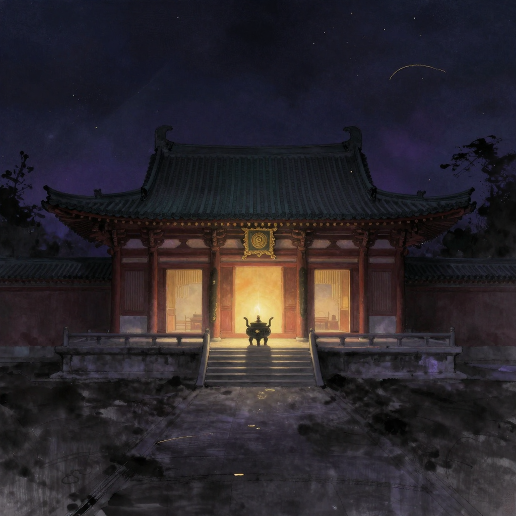 寺庙：一座典型的东亚禅寺山门与大殿以中轴对称之势立于画面正中，山门三门洞开，歇山顶大殿飞檐翘角，青瓦朱柱，殿前中轴线上置一古铜