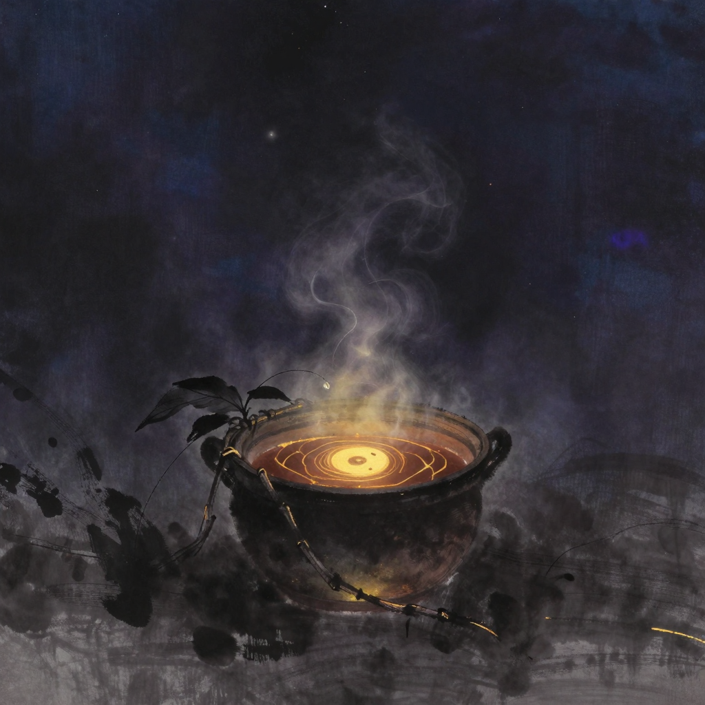 死藤水：一口深色陶锅置于地面，锅中深褐色药液微漾，几缕热气升腾，锅沿搭着一段粗藤与几片宽叶，四周大片空旷，锅底深处透出一缕极细微