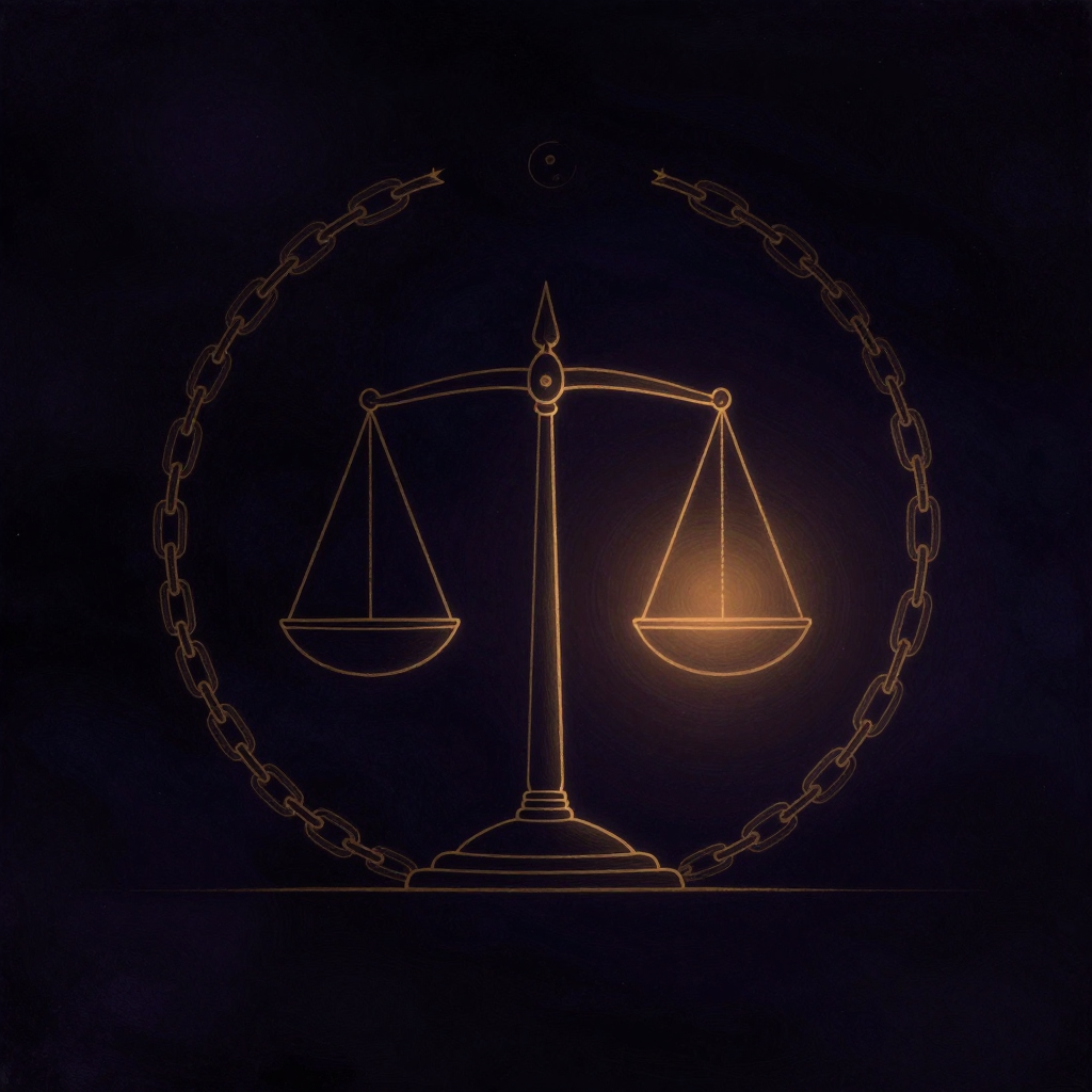 神经调节：一条竖直的脊柱剪影立于空旷中，两侧各有一道弯曲的链条状结构，左侧链节呈短促棱角状，右侧链节呈柔和波状，两者成对反向延伸；