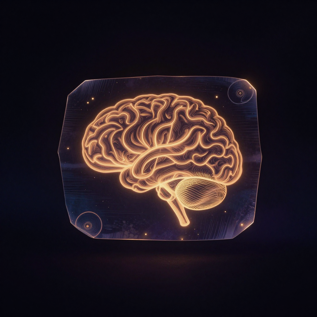 全息脑模型：一片半透明的全息干板碎片悬浮于空旷暗处，碎片边缘清晰可见细密干涉条纹，从其表面投射出一道柔和的三维大脑轮廓影像（完整、立
