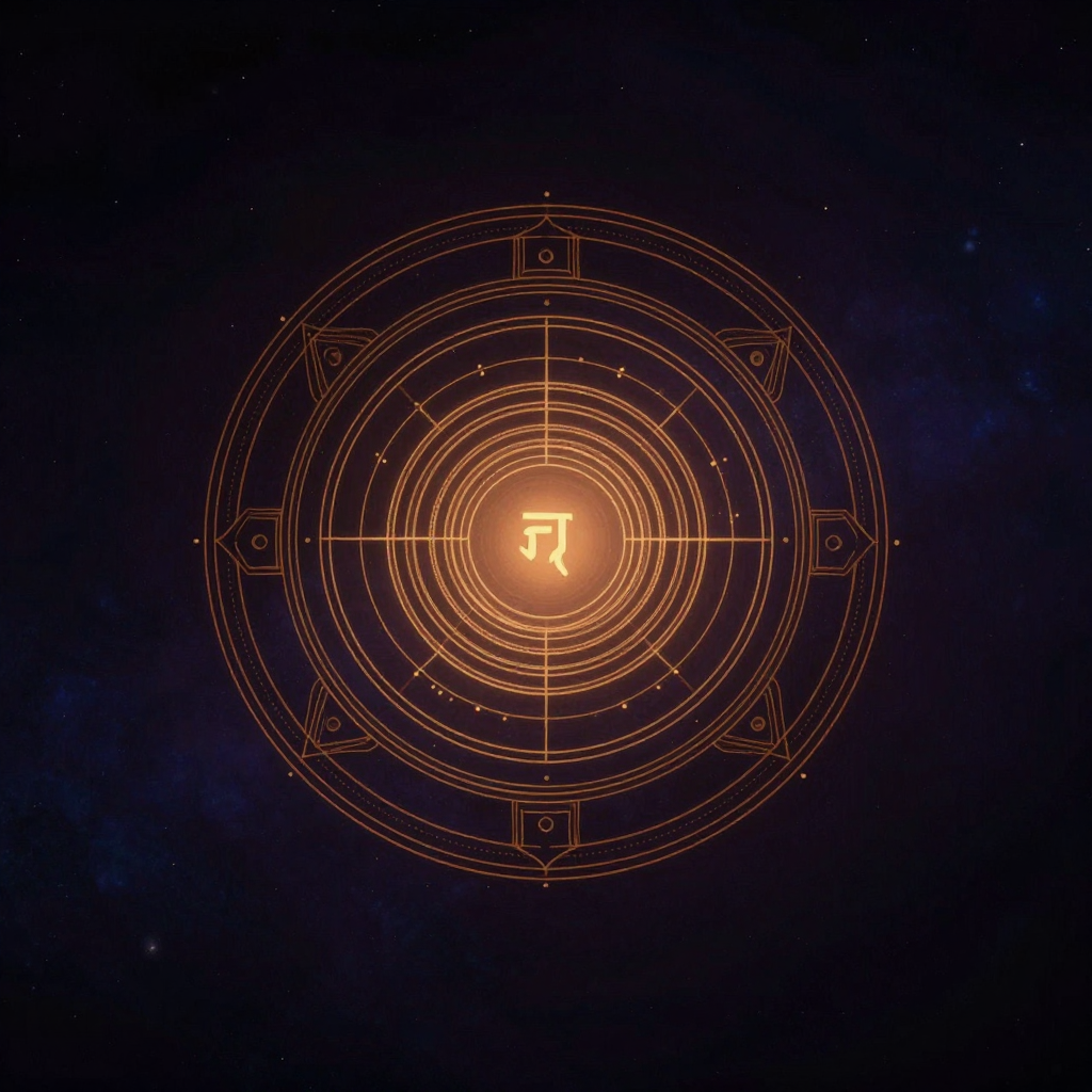 密法：一幅圆形对称的曼荼罗浮于深色虚空，中心一枚梵文种子字，外围环绕多重精密的圆环与方形宫墙，线条清晰如金线勾勒，四周大片留白