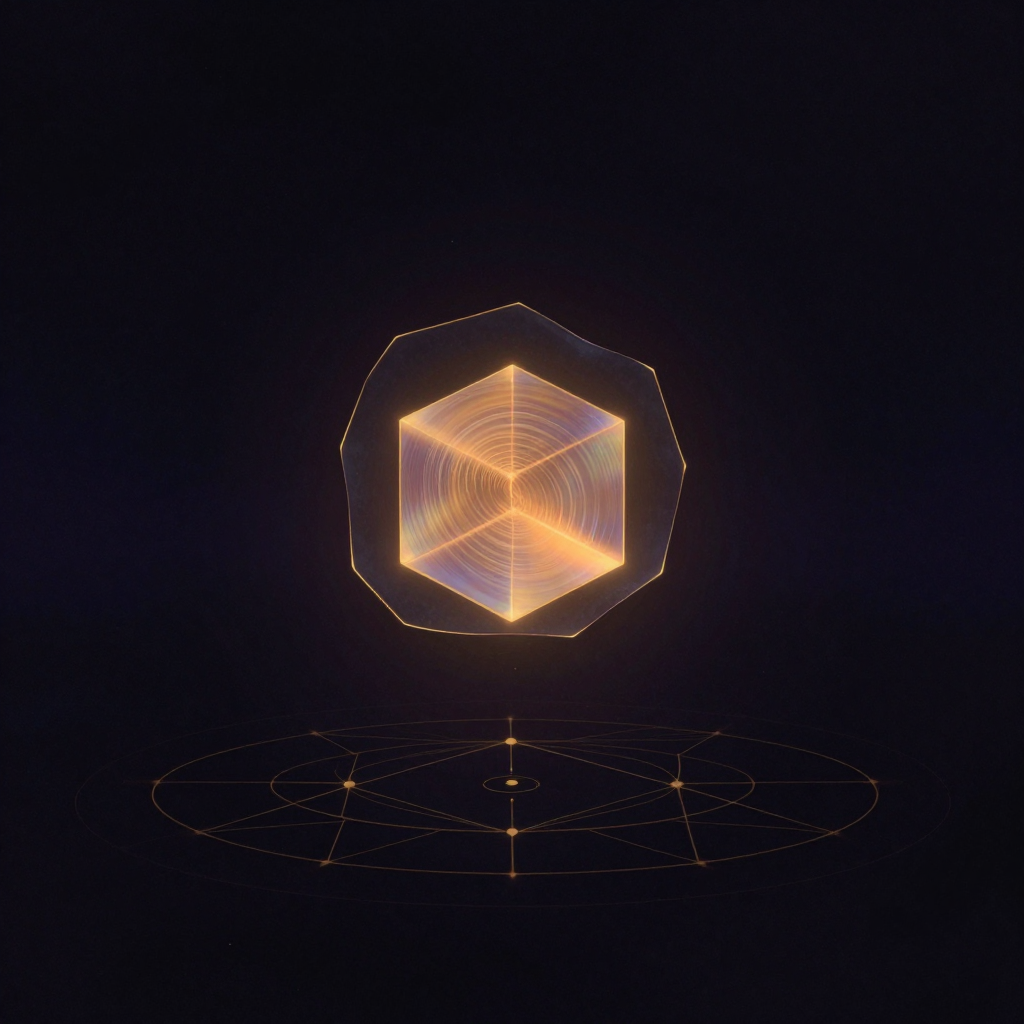全息图：一张全息底片的碎片浮于空旷暗处，一束细光从碎片边缘射出，在空气中衍射出一只悬浮半透明的立方体影像，表面带着微妙的干涉条纹