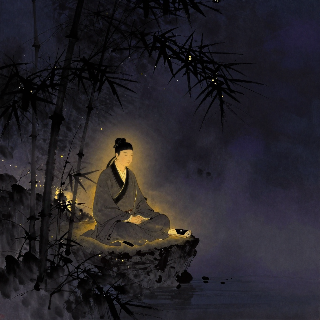 程颢：一位北宋士大夫静坐于庭院石台上，双手交叠于膝，面容安详，眼神内敛，身旁散落一卷书册与几竿修竹，大片空处留白，远处隐约有微