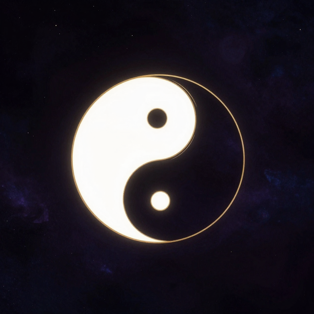 太极图：一幅黑白双鱼互抱的经典太极图置于画面中央，双鱼呈S形曲线顺时针旋转，白鱼有黑眼、黑鱼有白眼，图案轮廓清晰、线条干净，四周