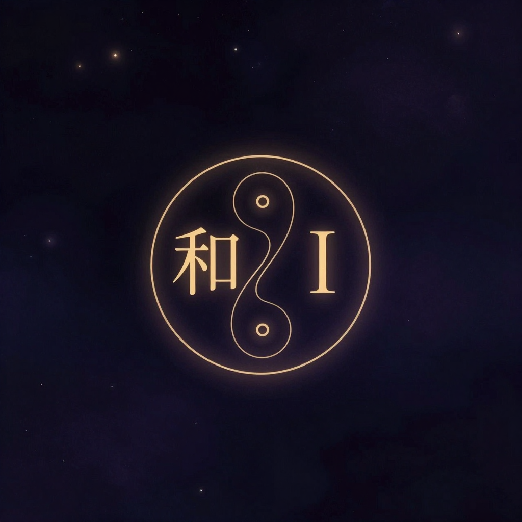 Z理论：一枚圆形徽章悬浮于大片空处，左侧是清晰可辨的汉字“和”，右侧是拉丁字母“I”，二者之间由一条流动的曲线相连，曲线柔缓而不