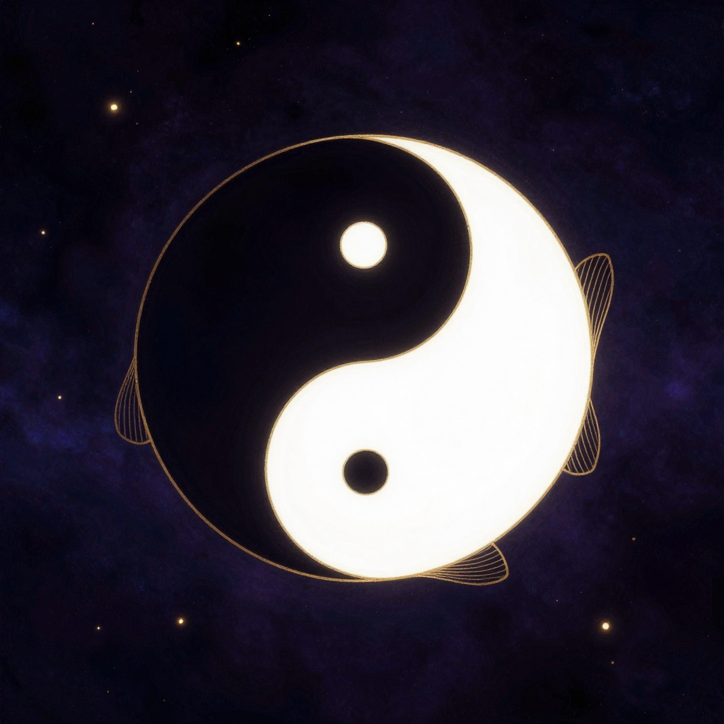 太极图说：一幅圆形太极图置于画面中央，黑白双鱼呈流畅S形曲线互抱，大小相等，黑鱼有白眼，白鱼有黑眼，图形清晰、线条干净，大片深色留
