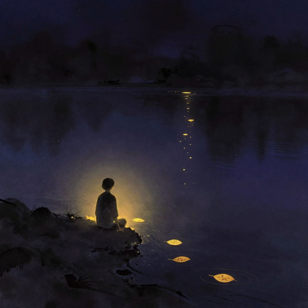 去融合：一个人背立河岸，静观水流中数片漂叶顺流而下，每片叶上隐约有字如『我完蛋了』『焦虑』，人姿态放松不伸手，河面宽阔，四周归于