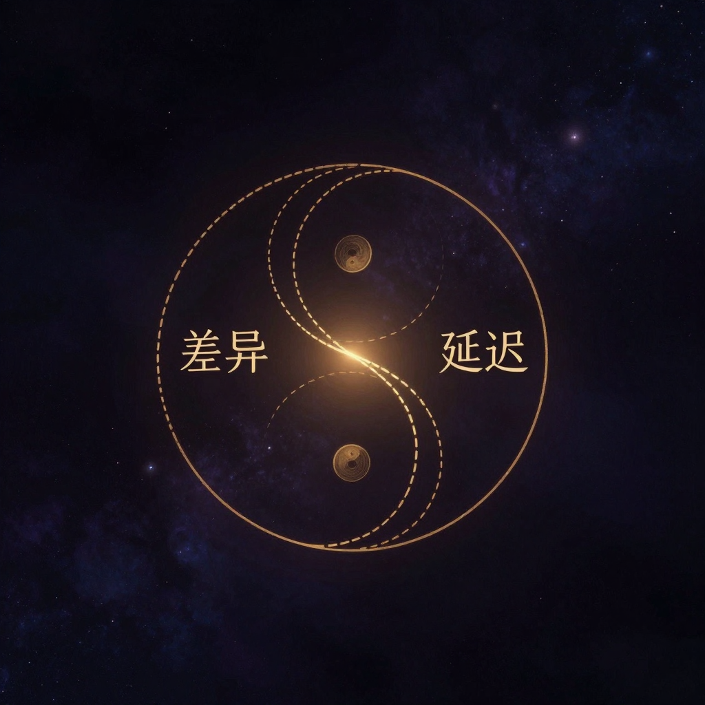 延异：一个由虚线构成的莫比乌斯环悬于空旷之中，环面呈单侧扭转，虚线的断裂暗示意义的非在场与不确定性；环的一侧写有“差异”二字、