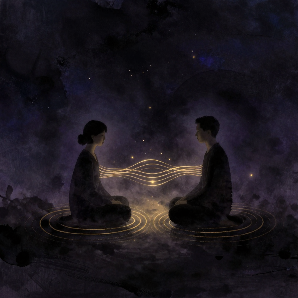 共调呼吸：两人面对面静坐于空旷中，身体微微前倾，胸前的呼吸波纹以相同节律荡漾并逐渐交叠成一道细线相连，面部表情平静专注，四周归于空