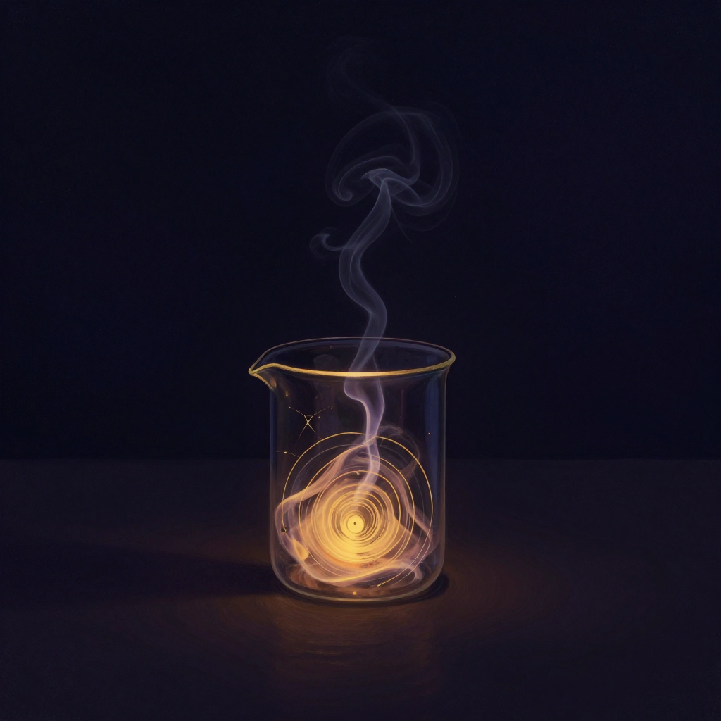 耐受性：一只透明薄壁玻璃烧杯立于空旷中，杯内彩色烟雾与波浪起伏翻涌，但器壁完整无裂、无任何溢出，杯外归于大片空处