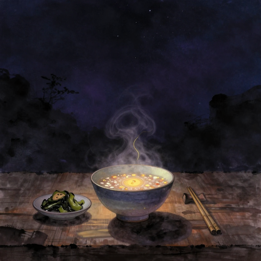 饮食调整：一只素净陶瓷粥碗置于朴拙木桌中央，粥面微有热气升腾，旁置一双竹筷与一小碟时令腌菜，三物简洁错落，四周大片空处，热气是画面