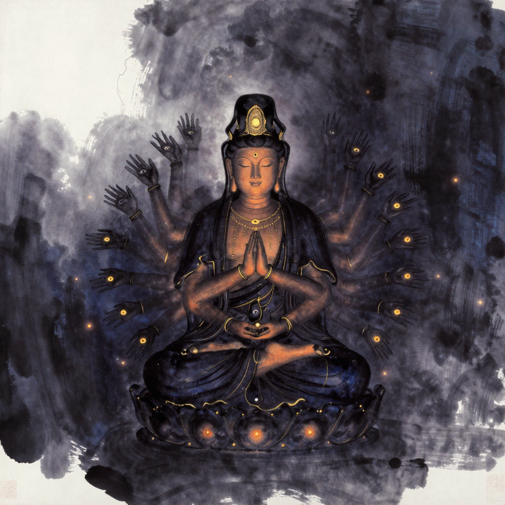 同体大悲：一尊千手千眼观音结跏趺坐于空旷中，每只手掌心各有一只眼，手臂如扇面般层层展开，面容慈悲宁静，四周大片留白，余无一物