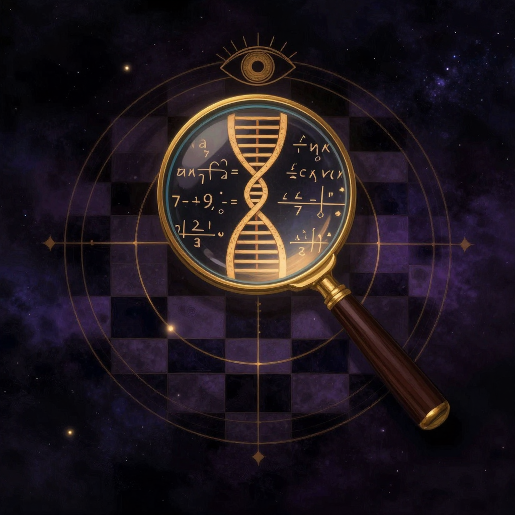 科学主义：一枚巨大的放大镜，镜框上端生出一只孤立的眼睛，镜片内嵌着清晰的DNA双螺旋与数学公式，背景是黑白分明、无灰度过渡的方格，