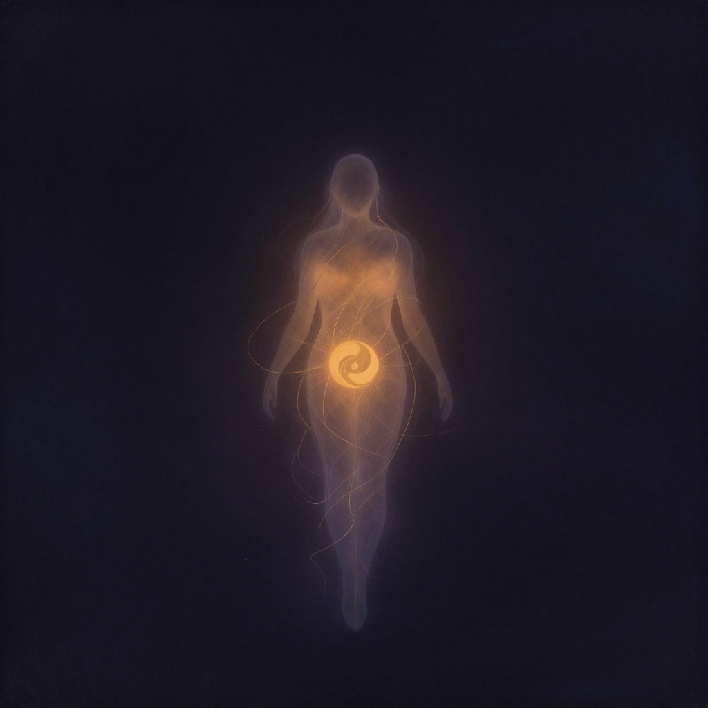 星光体：一个半透明、边界模糊的人形轮廓悬浮于暗色空阔中，周身环绕几缕细微游走的能量线，轮廓内部隐约有柔和光晕流转，主体孤立于大片