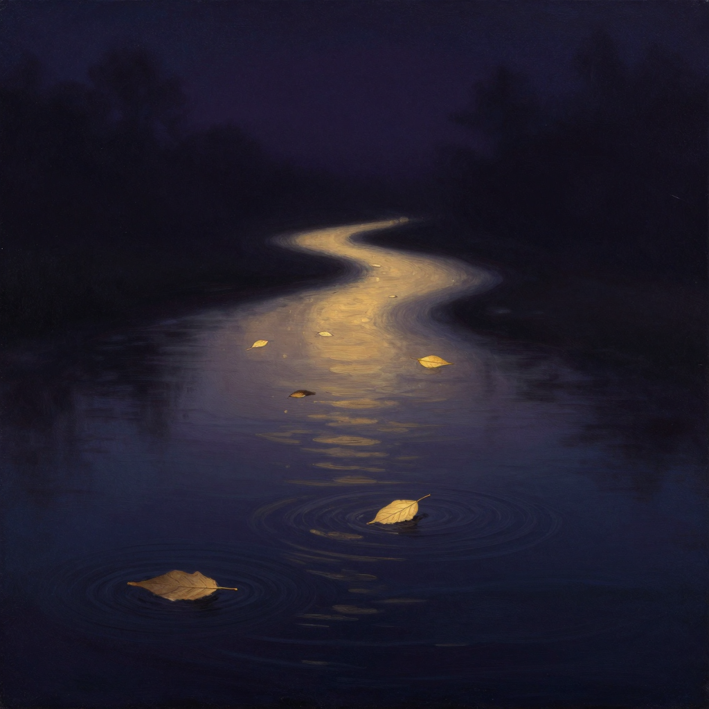 心智活动：一条从浅色渐变到深色的河流横贯画面，河面漂浮几片不同形状的树叶（代表表层思维），河底隐约可见更深的暗流（代表深层觉知），