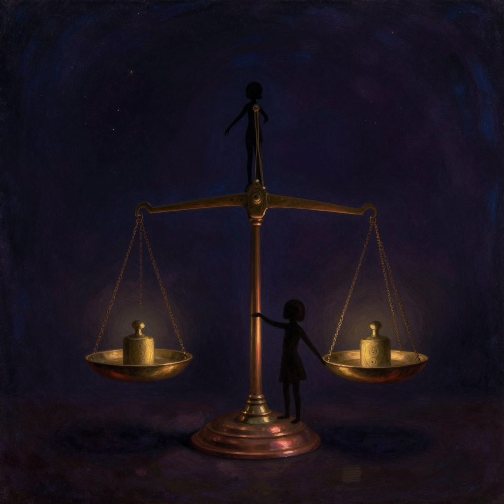 心理社会危机：一架老铜天平立于空旷之中，两端铜盘各放一枚刻有铭痕的砝码，一道细小的暖光落在连接两端的横梁中央，一个儿童人形剪影正双手扶
