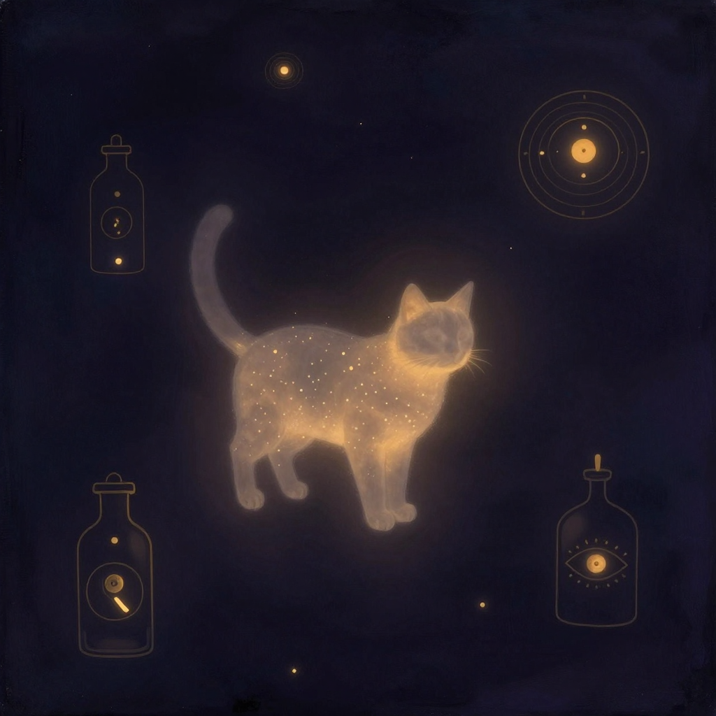 哥本哈根诠释：一只半透明的猫悬浮于暗室中央，轮廓模糊如雾中影，周围环绕着盖革计数器指针与一只毒气瓶的轮廓，猫的身体内隐约可见衰变概率云