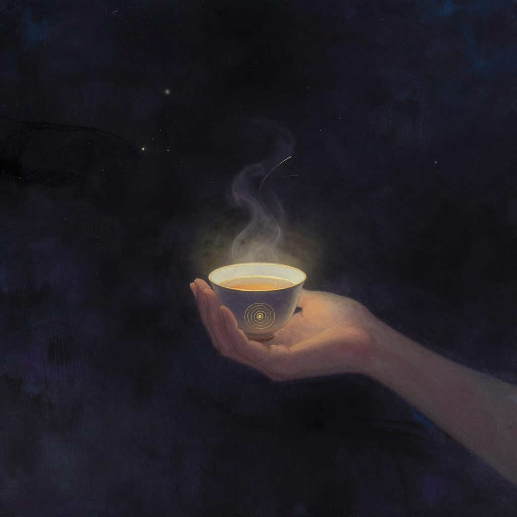 虔敬心：一双手轻轻捧着一只朴素的茶杯，杯沿有极细微光晕，茶汤清澈，一缕热气柔和上升，四周大片空处，画面焦点是那杯沿的微光与双手捧