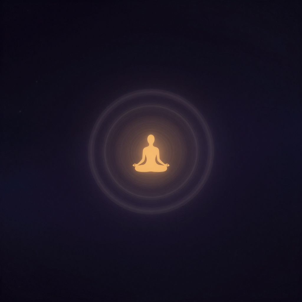 深层自我：一个半透明的同心圆环悬浮于大片空处，内圈隐约浮现一坐姿冥想状的人形轮廓，外圈渐次融入无边的虚空，圆环边界模糊柔和，整体空