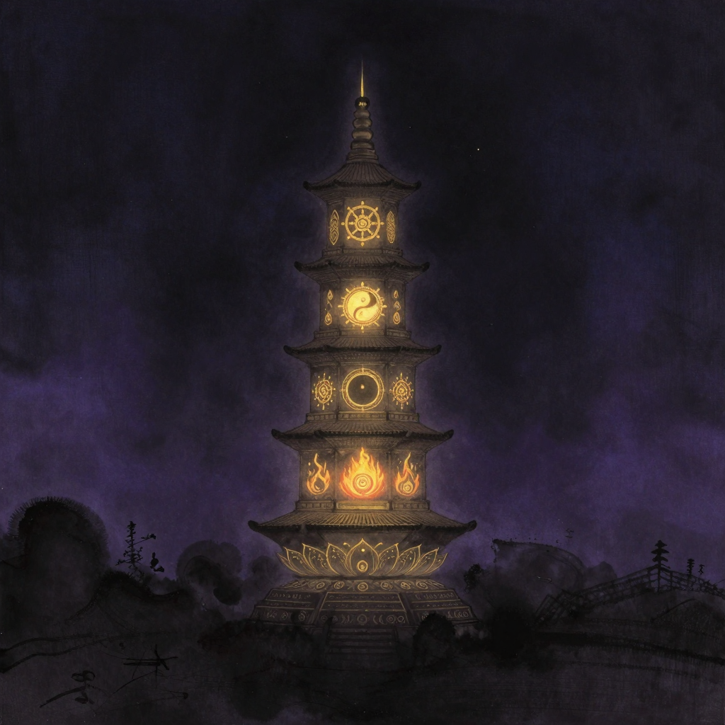 大念处经：一座四层宝塔立于空旷之境，底层刻有莲花与呼吸纹样，第二层刻水滴与火焰，第三层刻明镜与圆轮，顶层刻法轮与空性圆点；塔身向上