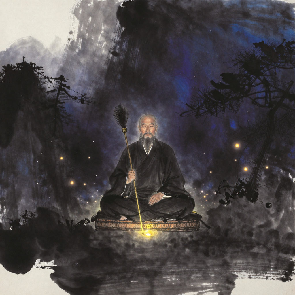 龙门派：中年道士端坐于蒲团之上，蓄须、着道袍、手持拂尘，背景隐现远山与松柏轮廓，主体置于空旷之中，蒲团前的地面透出一缕极细微光