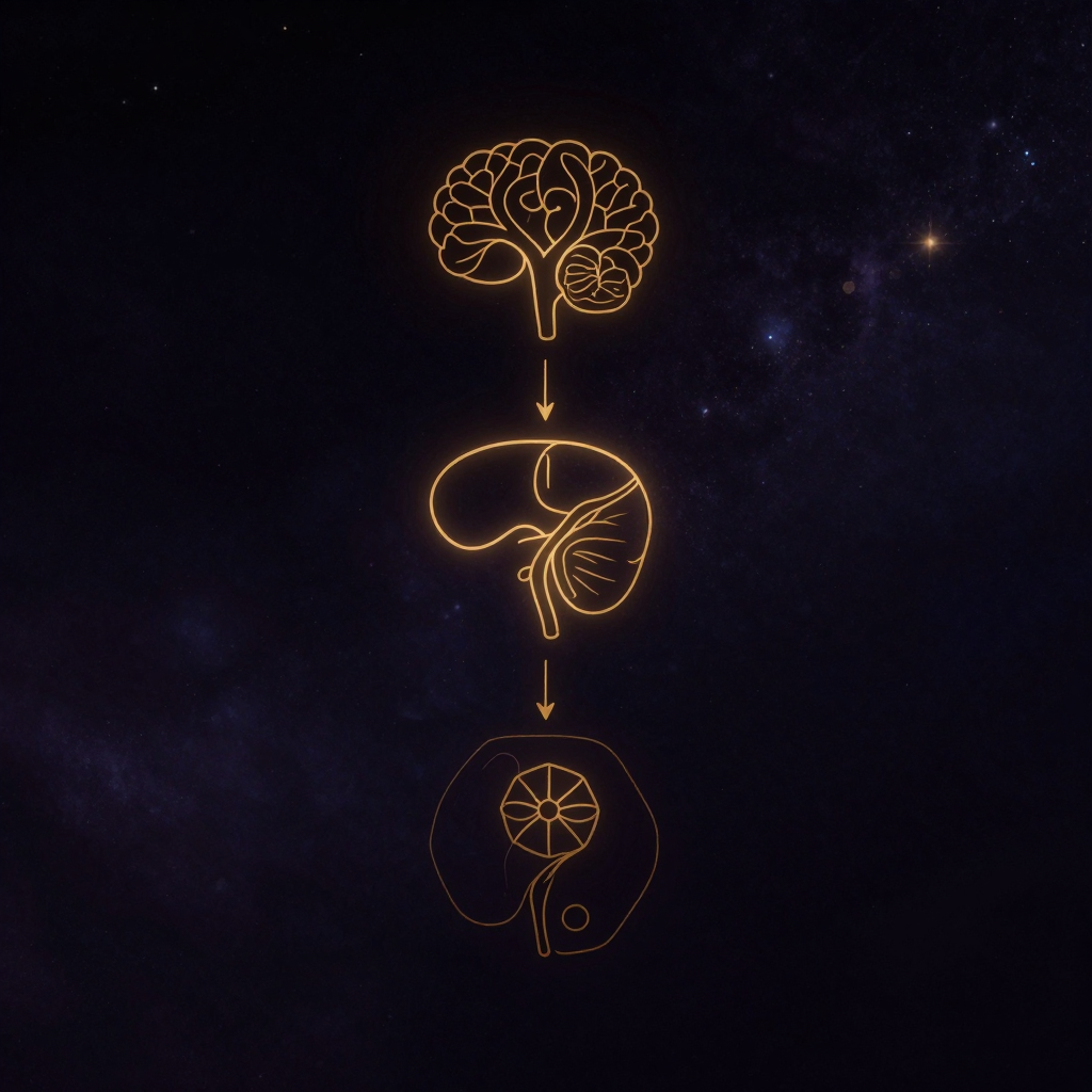 神经内分泌学：三枚简化的器官图标依序排列于空阔深色底上：上为下丘脑、中为垂体、下为肾上腺，自下丘脑经垂体至肾上腺以细箭头串联，肾上腺旁