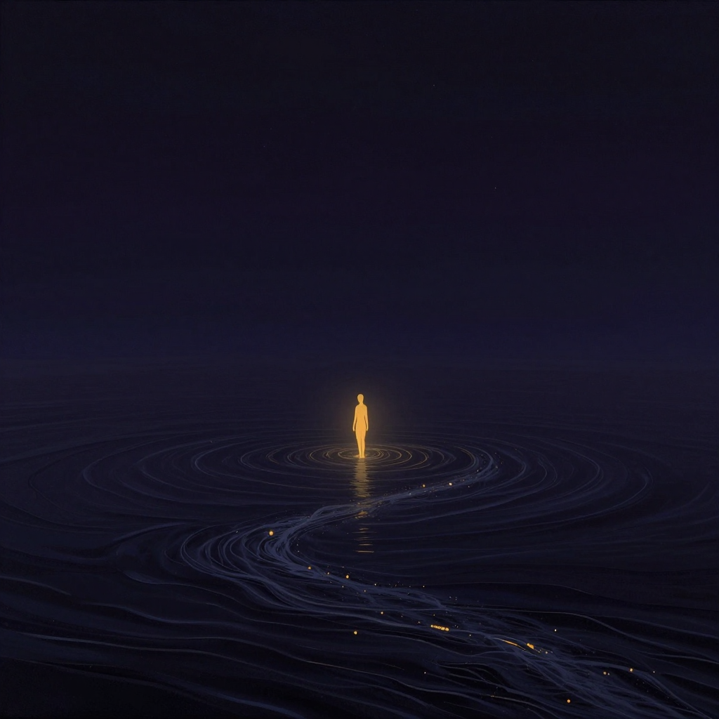心流体验：一片幽暗水域中，水自下而上翻涌成一道逆流河，一个人形立于水中央，水流环绕其身体形成柔和的漩涡，人形姿态宁静挺拔，四周水域