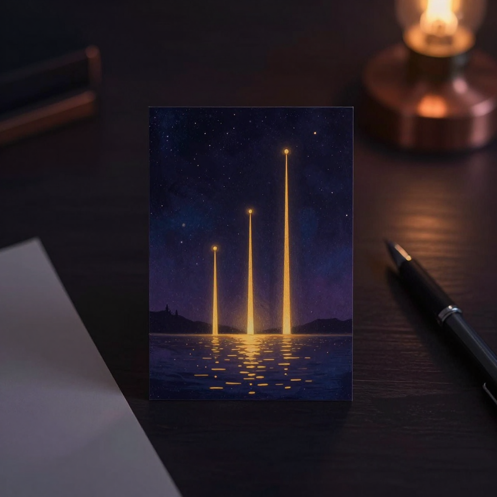 所罗门·阿希：一张卡片置于空旷桌面，卡片上并排画着三根长短不一的竖直线段，居中一根与左侧等长、右侧明显更长，卡片旁摊着一支笔与半页纸，
