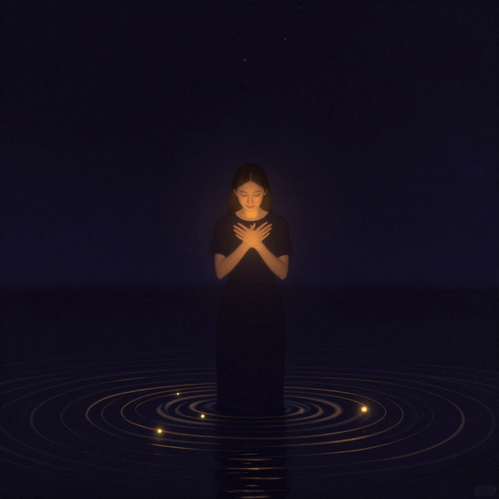 安·韦瑟·康奈尔：一位女性立于空旷中，双手轻轻交叠放在胸前，指尖微触衣襟，头微微低垂，唇边含一丝温和笑意。她周围有极细的波纹状线条如微风拂