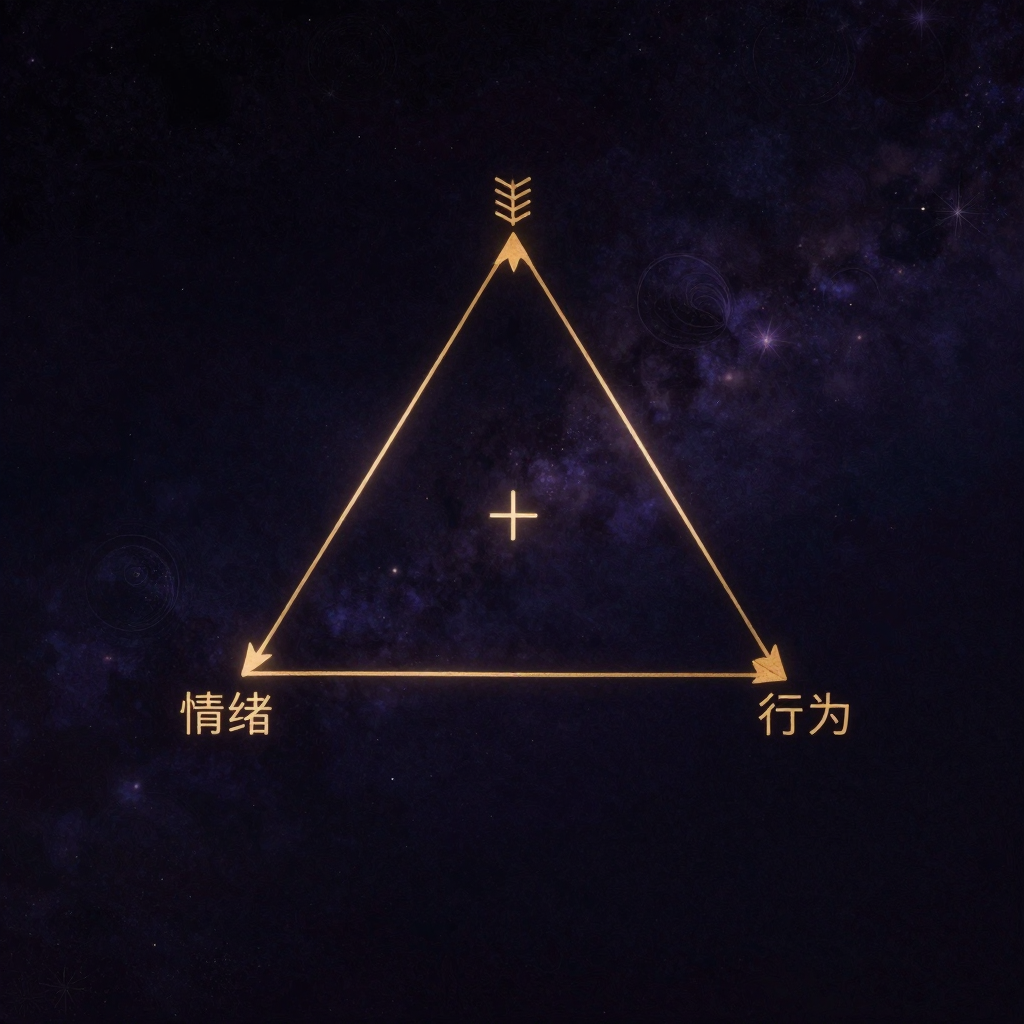 情绪连锁反应：三个箭头首尾相连形成等边三角形，箭头方向从‘情绪’经‘认知’至‘行为’再回‘情绪’，三角形中心有一个微小的‘+’号，精炼