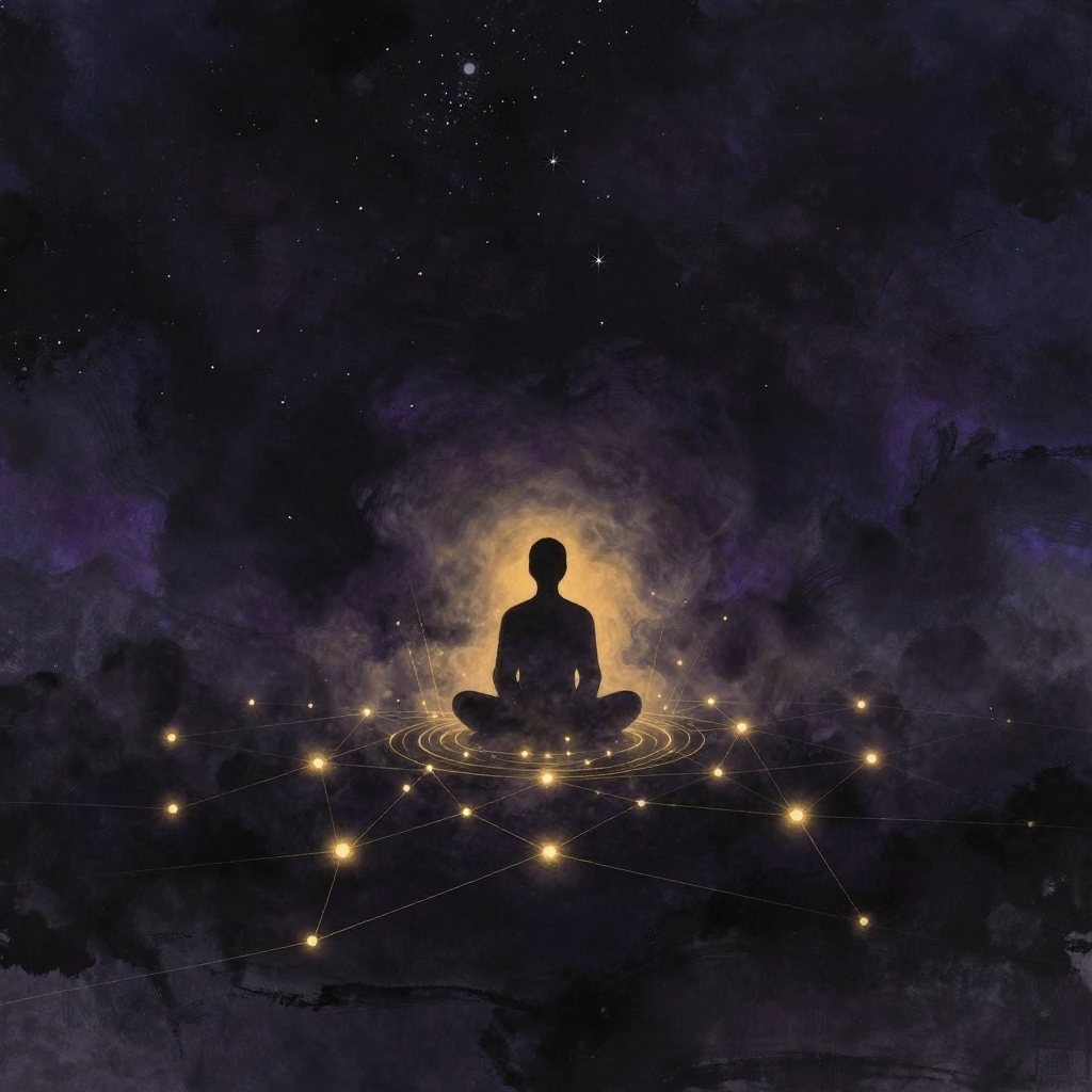 宇宙联结：一片深邃空境中，一个人影以莲花坐姿静坐于空旷中央，身体轮廓渐融于周围稀疏的星点与流动的暗色云气，星点与轮廓之间以极细光丝