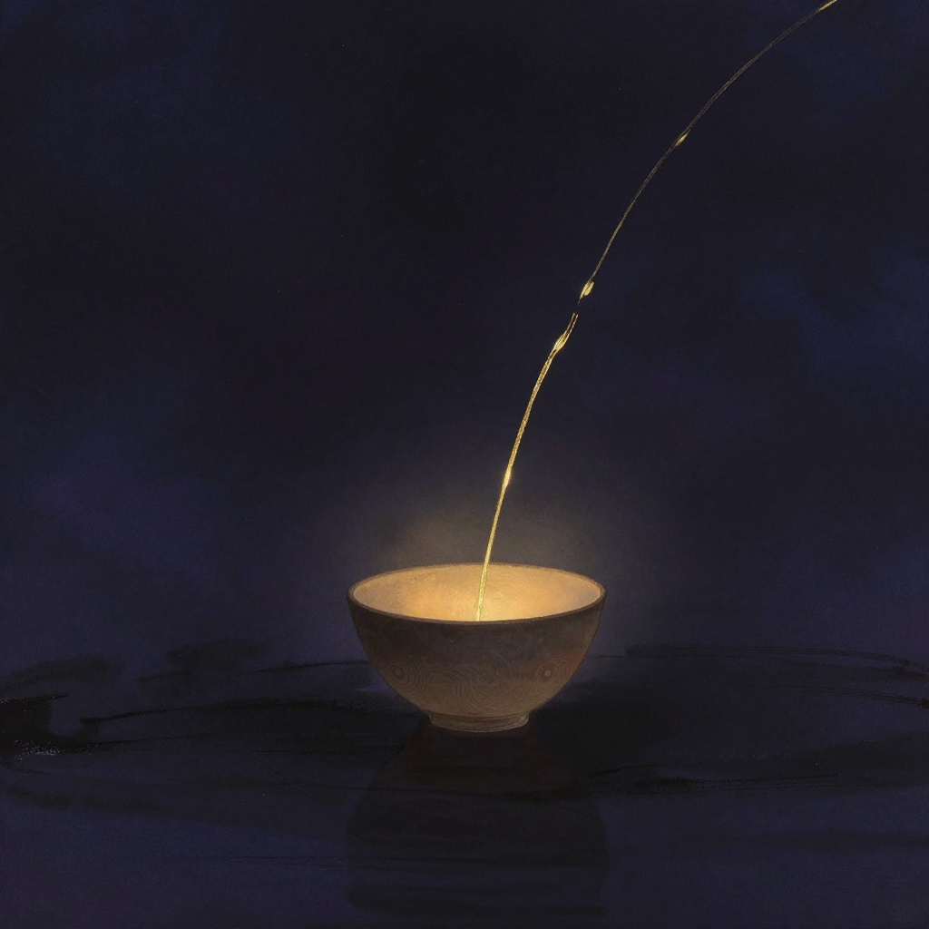 实践：一只素陶茶碗半倾于空阔中，细而连续的水流从碗口缓缓落下，碗身无装饰，水流在空中划出一道弧线，下方未见水迹或承接物，整幅画