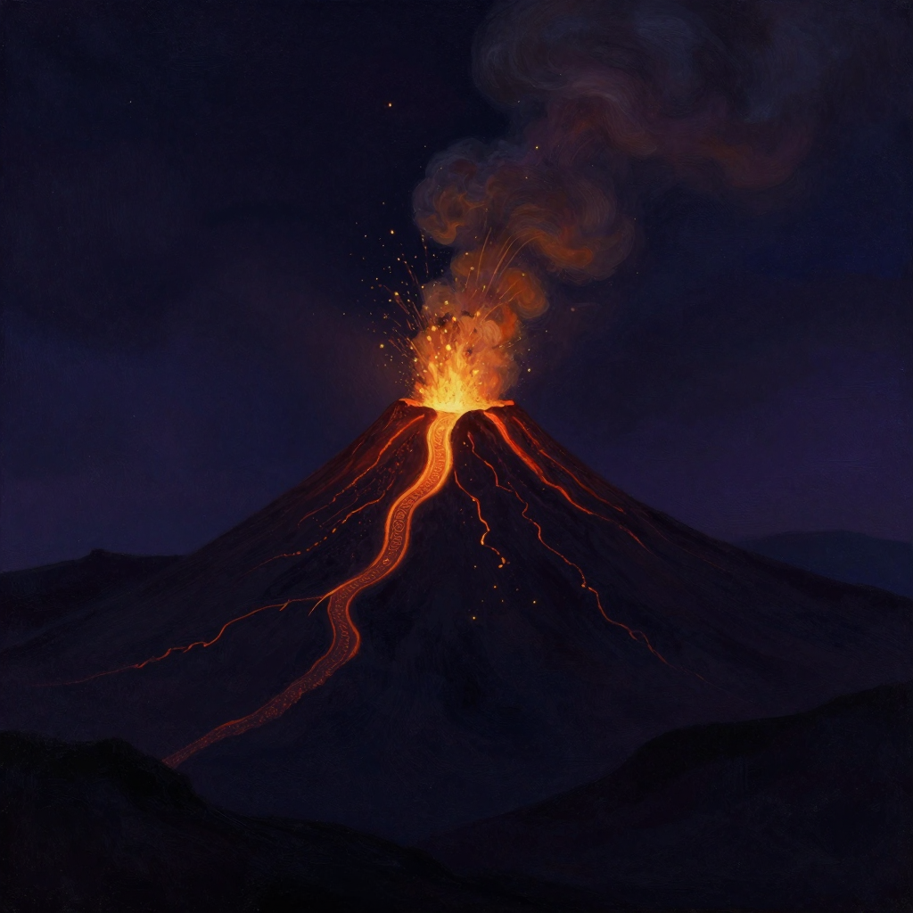 爆发：一座火山立于空旷暗处，火山口熔岩喷涌而出，炽热岩浆沿山体蜿蜒流下，火山灰云向上翻腾，山体表面隐约可见裂缝，喷发点是画面唯