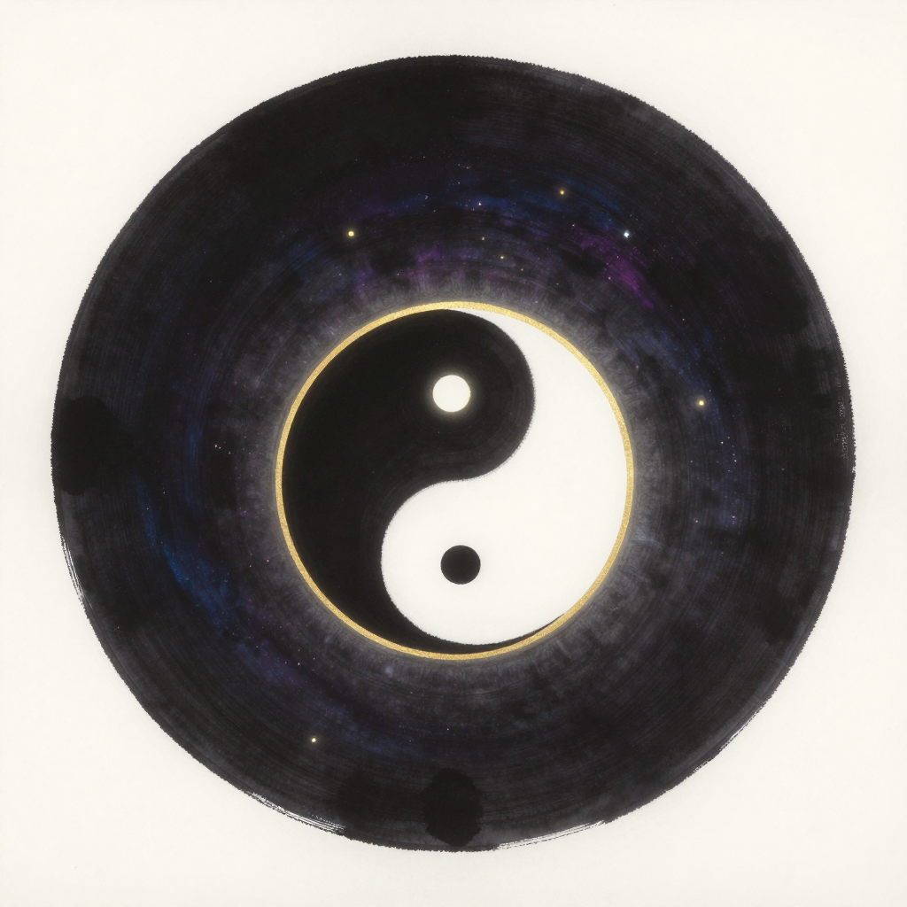 辩证唯物主义：一个圆形轮廓立于空旷中，内部以流畅S曲线分割为黑白两半，黑侧含一小白点，白侧含一小黑点，两半相互抱合，整体形成动态平衡的
