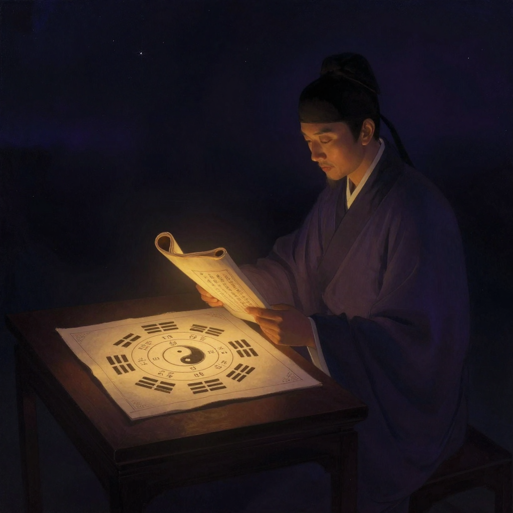 邵雍：一位宋代儒者坐于案前，手中展开一卷《皇极经世》，身旁桌面陈设一方内圆外方的六十四卦方圆图，线条清晰，卦序排列分明；书卷与