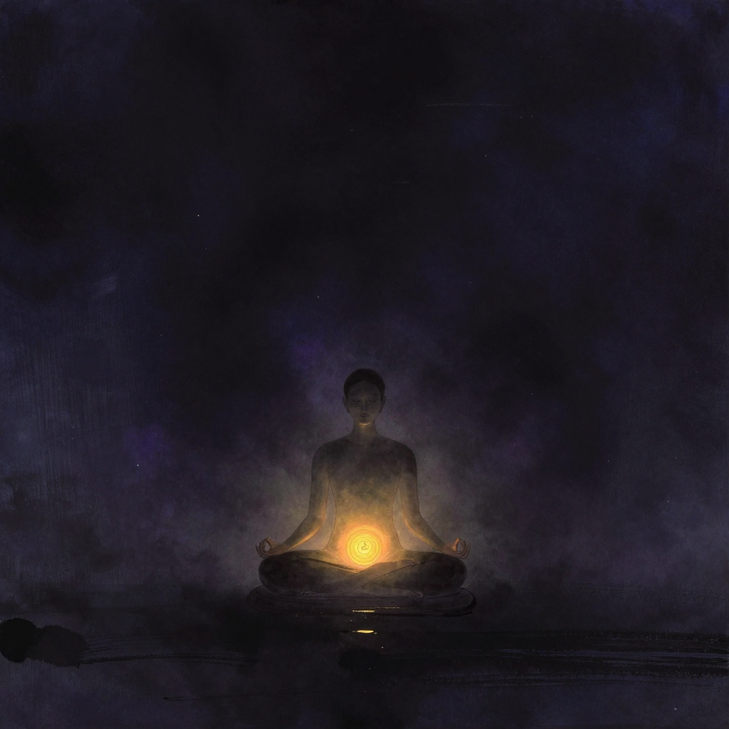 打坐：一个人以莲花坐姿静坐于蒲团上，脊柱挺直，双手结禅定印（右手在上，左手在下，拇指相触）置于脚踝前，盘腿露出脚心朝上，双目微