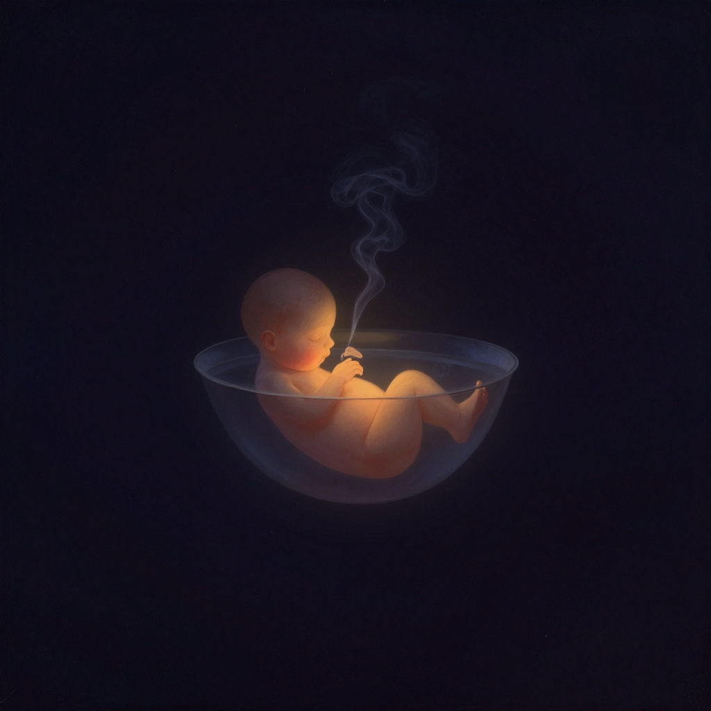 胎息：一个安详蜷缩的胎儿悬浮于透明柔和的羊水之中，姿态如回归原初宁静，口鼻处有一缕极淡的、若有若无的轻烟袅袅升起，四周大片空旷