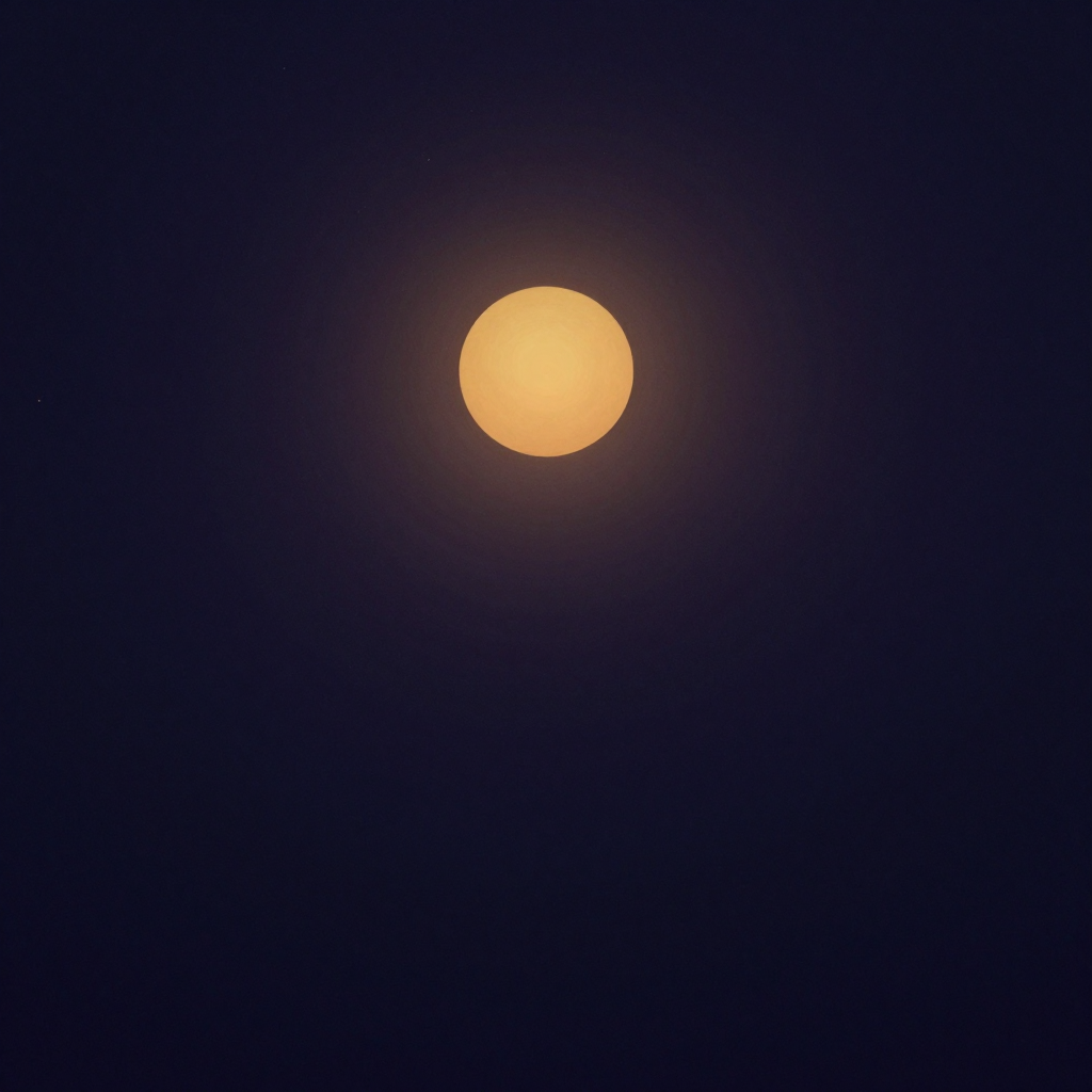 比奈：一轮柔和无棱角的太阳悬于画面中央偏上方，光芒均匀向四周弥散，下方是大片空旷静止的留白，太阳是画面唯一的微光来源