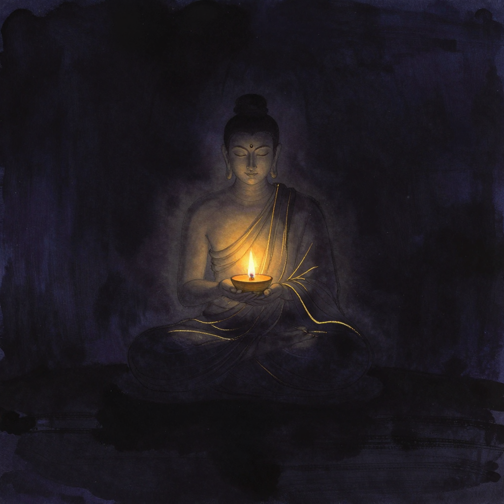 自续派：清辨论师着印度论师装束，于幽暗深处手持一盏点燃的灯烛，烛火明亮而稳定，光芒柔和地驱散四周的暗影，余处大片空旷