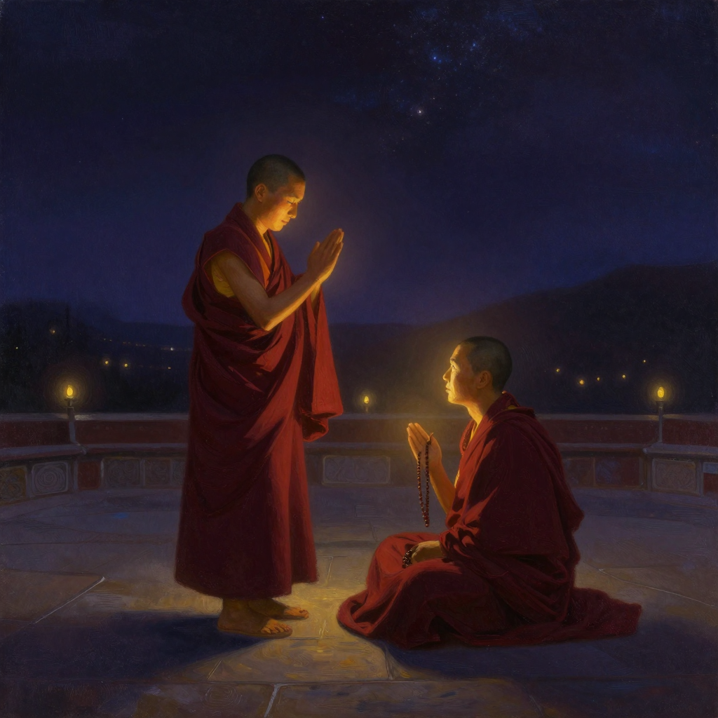 辩经：两位藏传僧人立于露天辩经场，站立者右手高举、左手下拍作击掌状，对面僧人盘坐作答，手持念珠；绛红僧袍在风中微动，四周石砌院