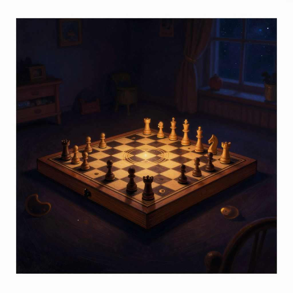心理游戏：一张旧木棋盘置于空旷中，棋盘上两个人偶棋子正沿着闭环路径重复相同的几步棋，路径形成闭合圆圈，棋路清晰可辨；背景深处隐约浮