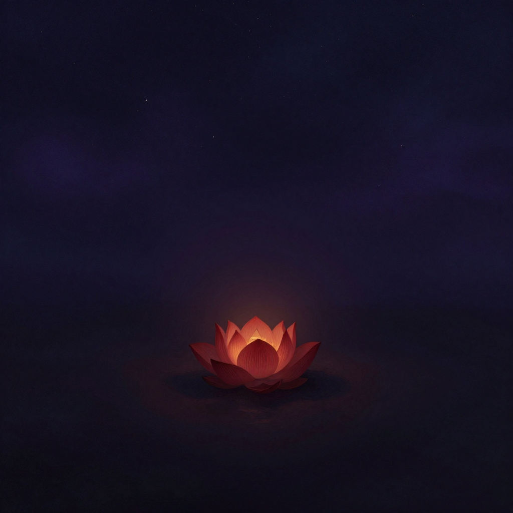 根脉轮：一朵四瓣深红色莲花静置于空旷大地之上，花瓣纹理清晰，中心隐约可见一个倒立三角形，四周大片留白，花瓣间透出极细微的暖光，仿