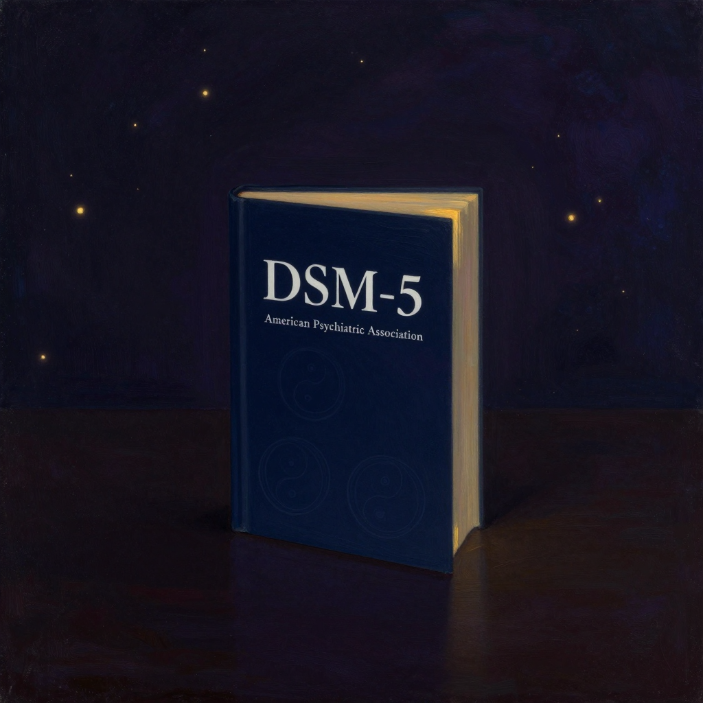 DSM-5：一本深蓝色封面精装书立于空旷桌面，封面中央印有白色‘DSM-5’字样，下方有‘American Psychiatric 