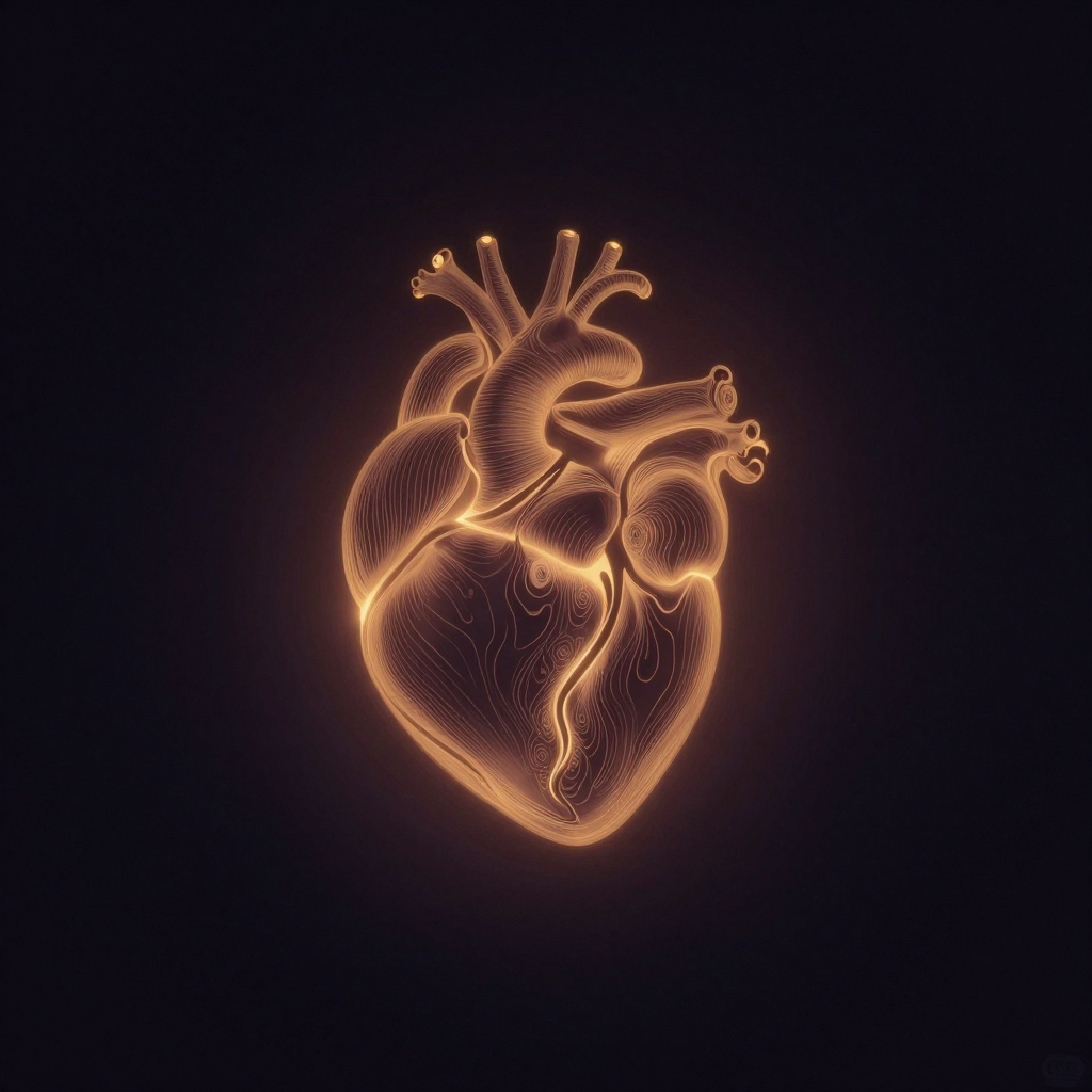 HeartMath研究所：一颗被柔和光晕环绕的心脏悬浮于空旷深色空间，光晕自中心向外逐层扩散，心脏表面浮现一道平滑的波浪状曲线缓缓波动，曲线流畅连